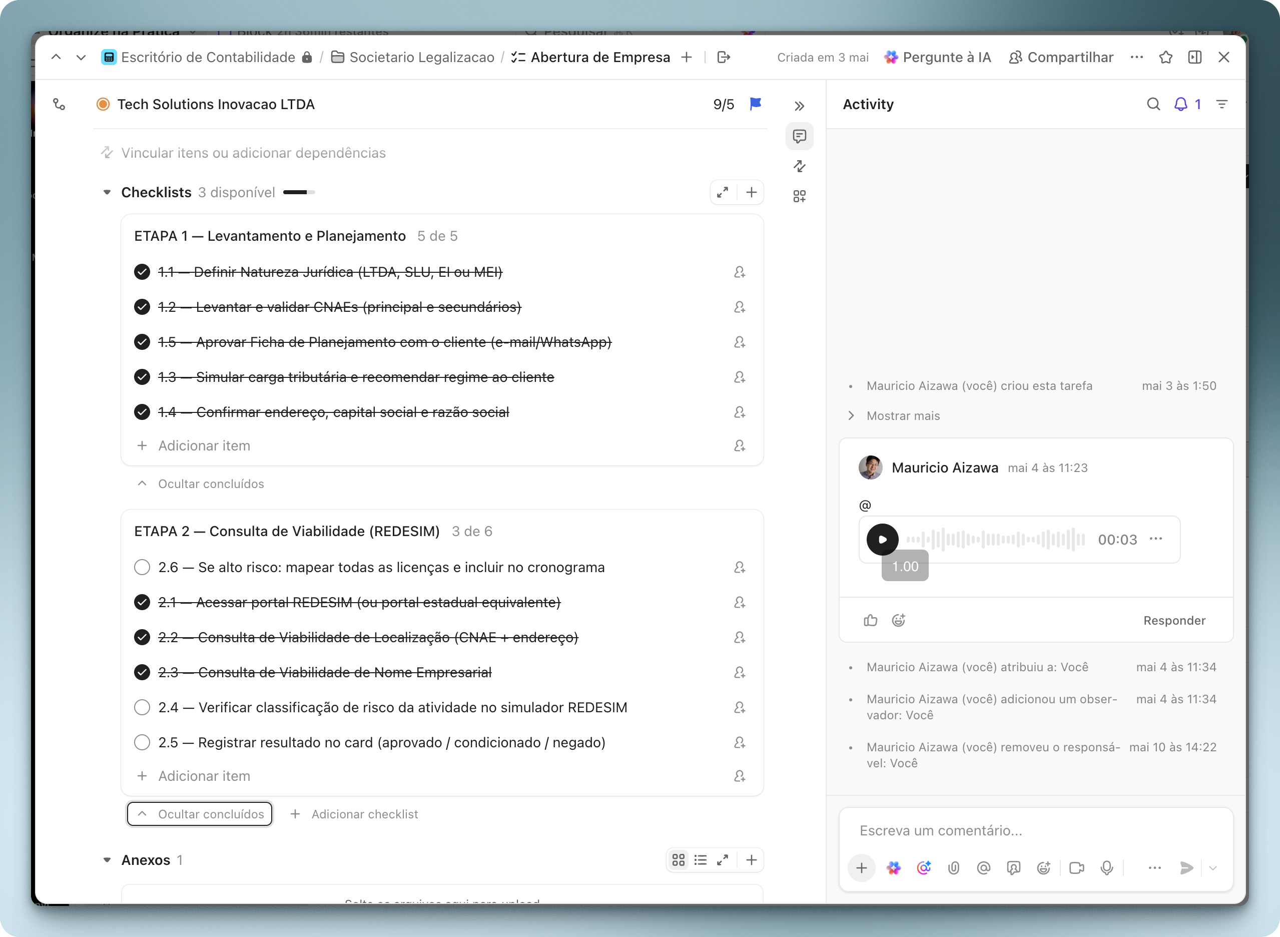 Card com checklists do processo de abertura de empresas