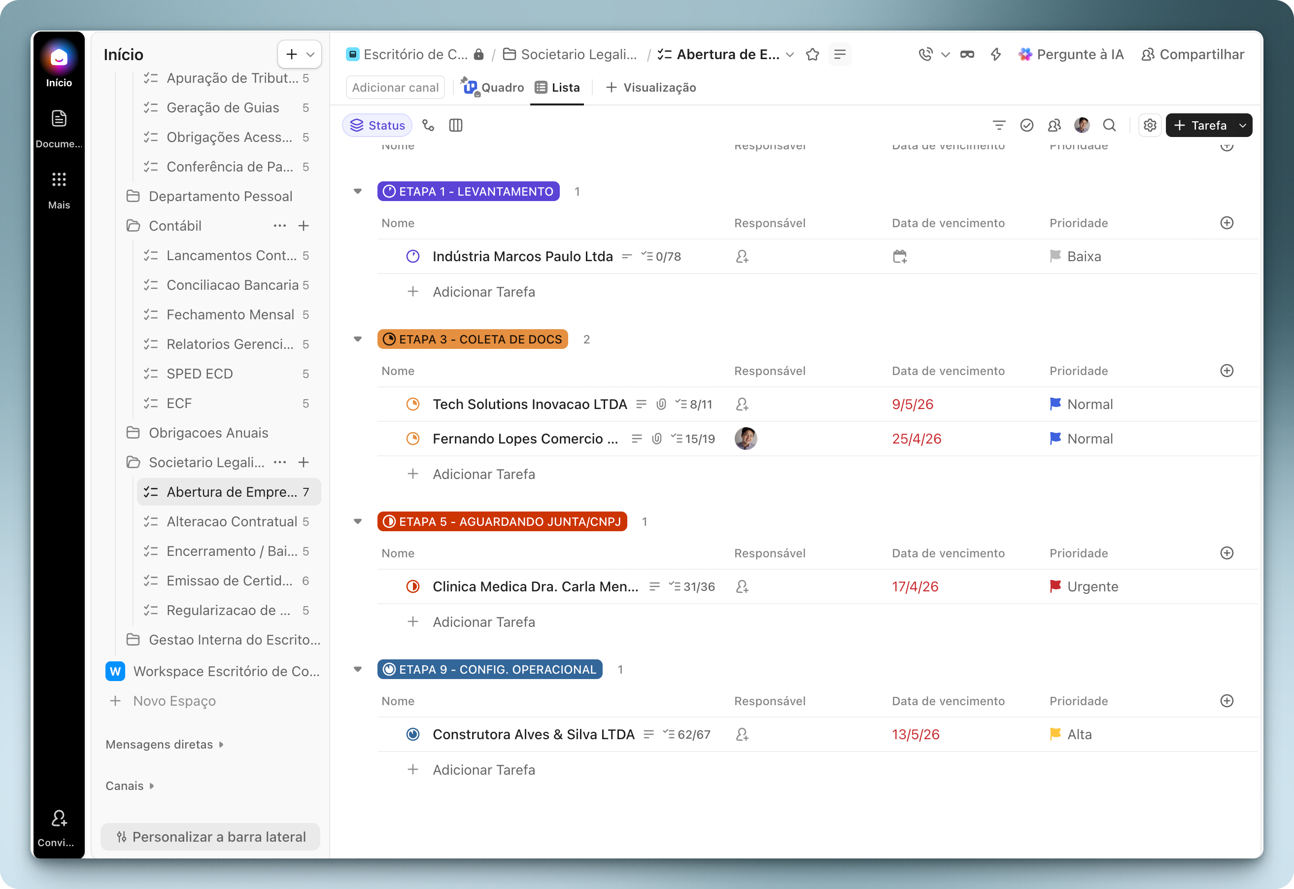 Visão de Lista do template — etapas da abertura de empresas